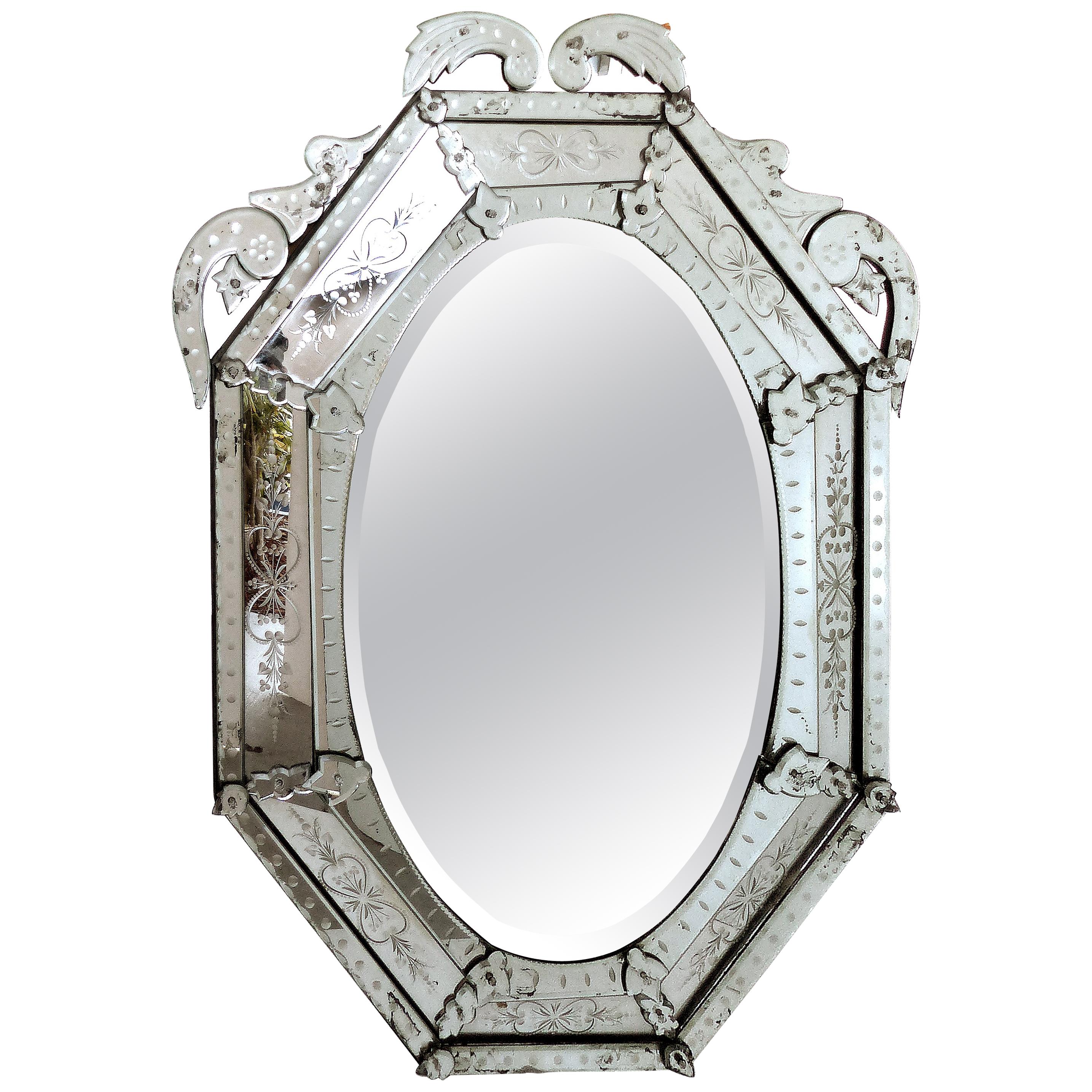 Monumental Venetian Mirror, Early 20th Century Etched and Beveled Details For Sale