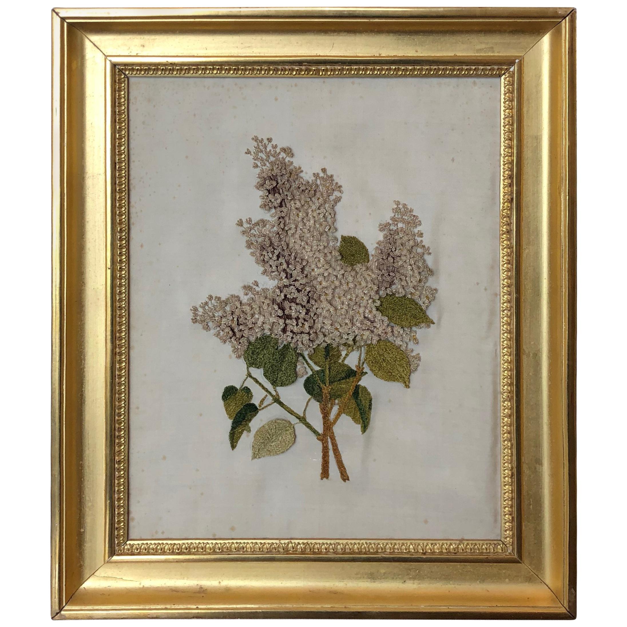 First Quarter of the 19th Century Lilac Silk Embroidery, England, Original Frame For Sale