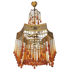 Murano Art Deco Art Nouveau Amber Glass Teardrops Crystal 4Light Gilt Chandelier