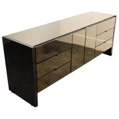 1970s Ello Credenza with Smoky Mirrored Glass and Gunmetal-Grey Steel Veneer