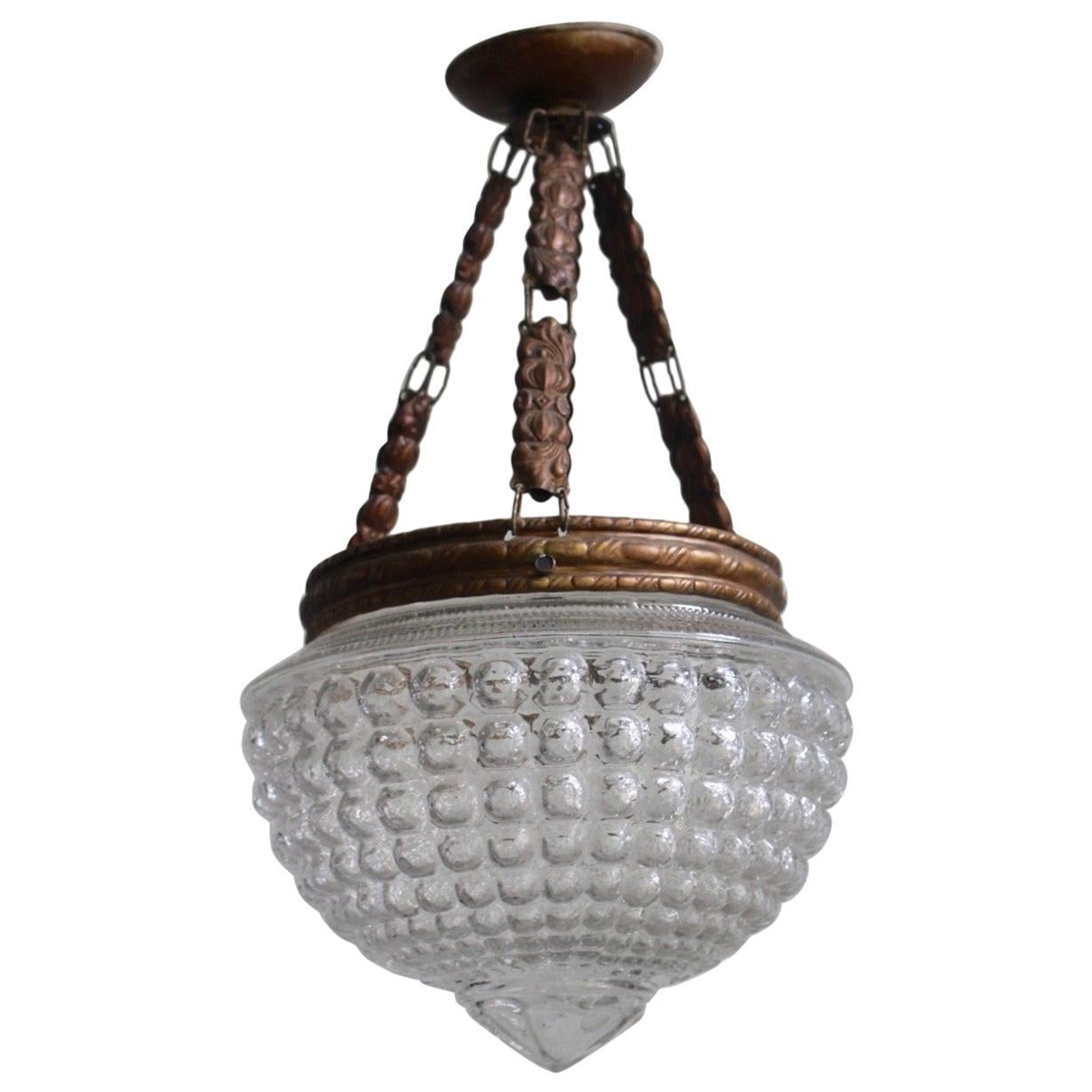 Late 19th Antique Art Nouveau Pendant Lamp with Geometric Bubble Glass For Sale