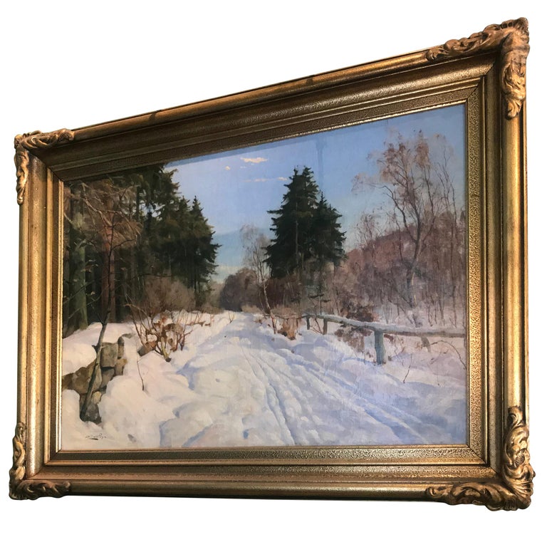 Winter Scene of Country Road by Harald Pryhn Danish Painting Oil on Canvas snow For Sale