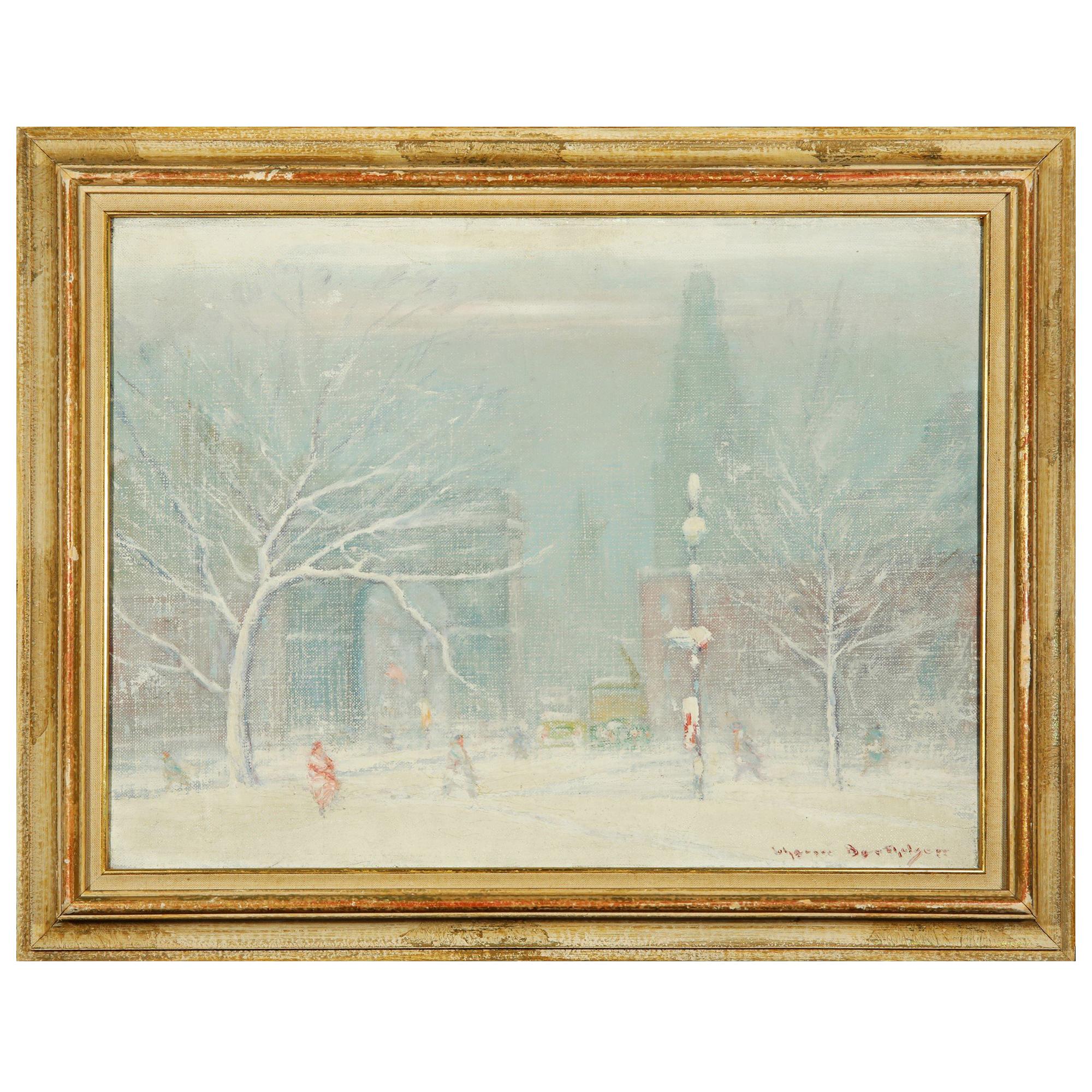 Johann Berthelsen, Manhattan Snow Storm Scene, Oil on Canvas Painting, 1960s For Sale