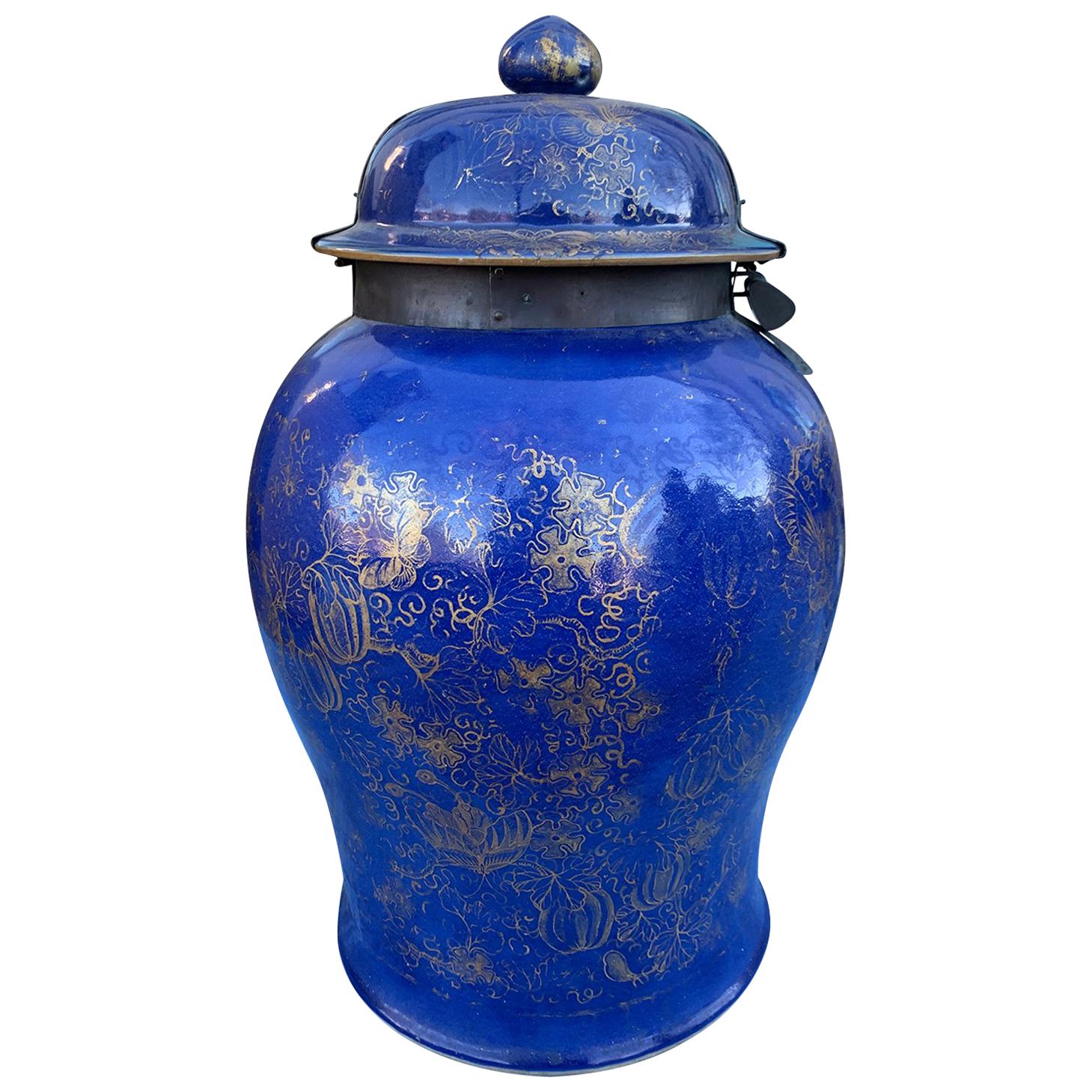 19th Century Chinese Cobalt Covered Porcelain Jar with Hinged Lid For Sale