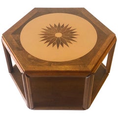 American Midcentury Brown Saltman Hexagonal End Table with Sunburst Inlay