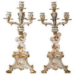 Pair of Unusual Czechoslovakian Porcelain Four-Light Candelabra, 1887-1890