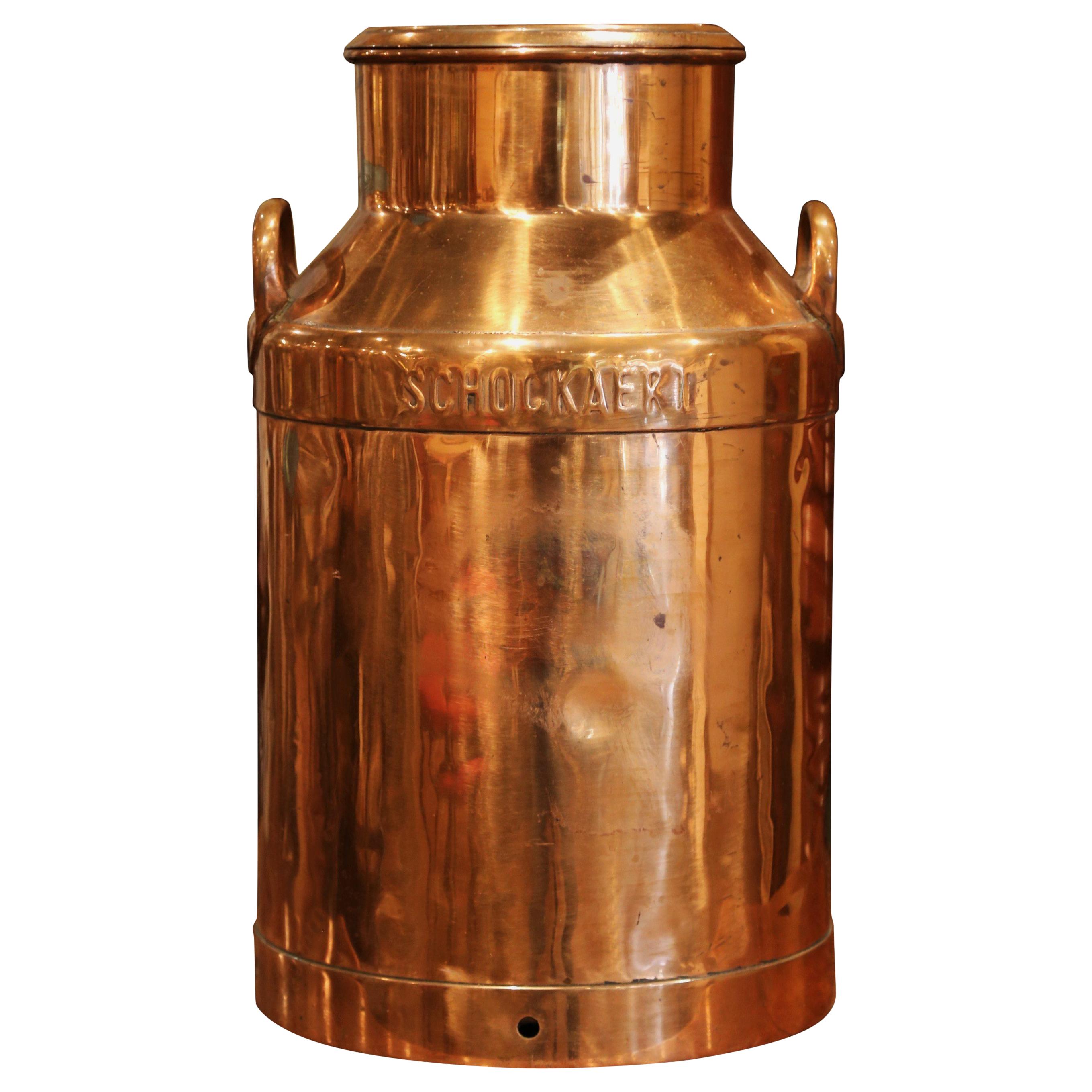 19th Century Belgium Polished Copper Plated Milk Container with Handles and Lid