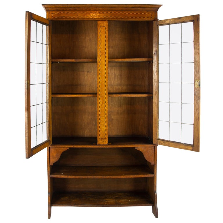 Antique Oak Bookcase Arts And Crafts Inlaid Bookcase