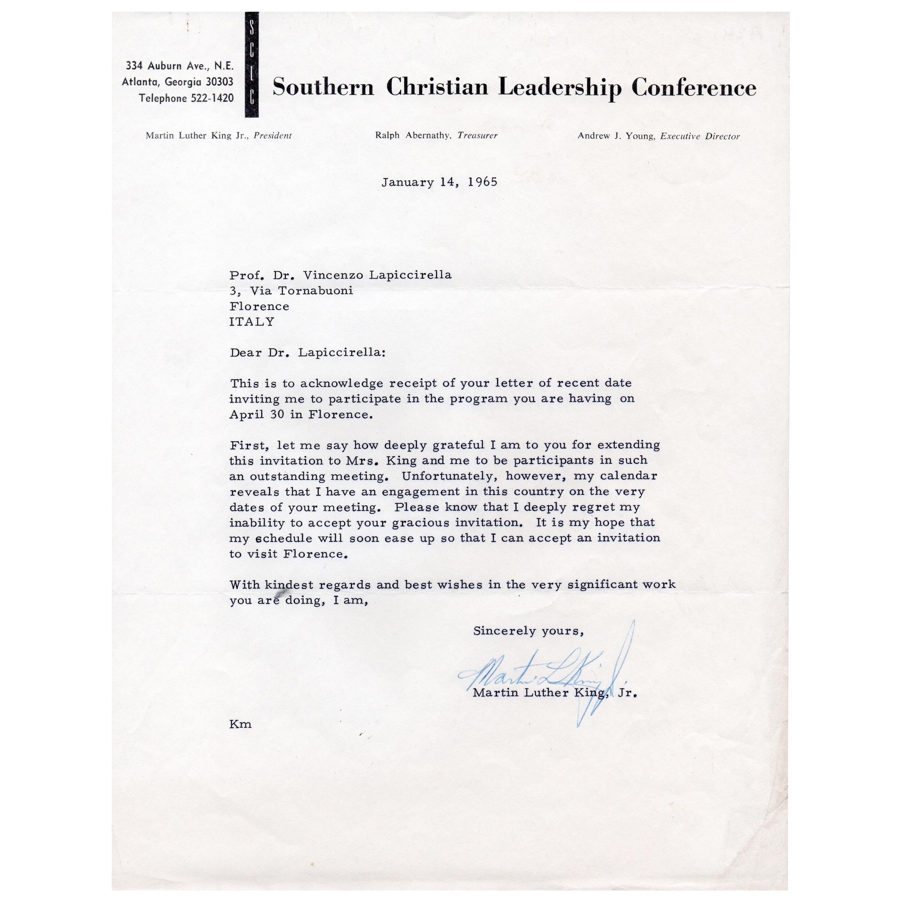Dr. Martin Luther King, Jr. letter declining a speaking engagement in Italy. Letter Signed, 