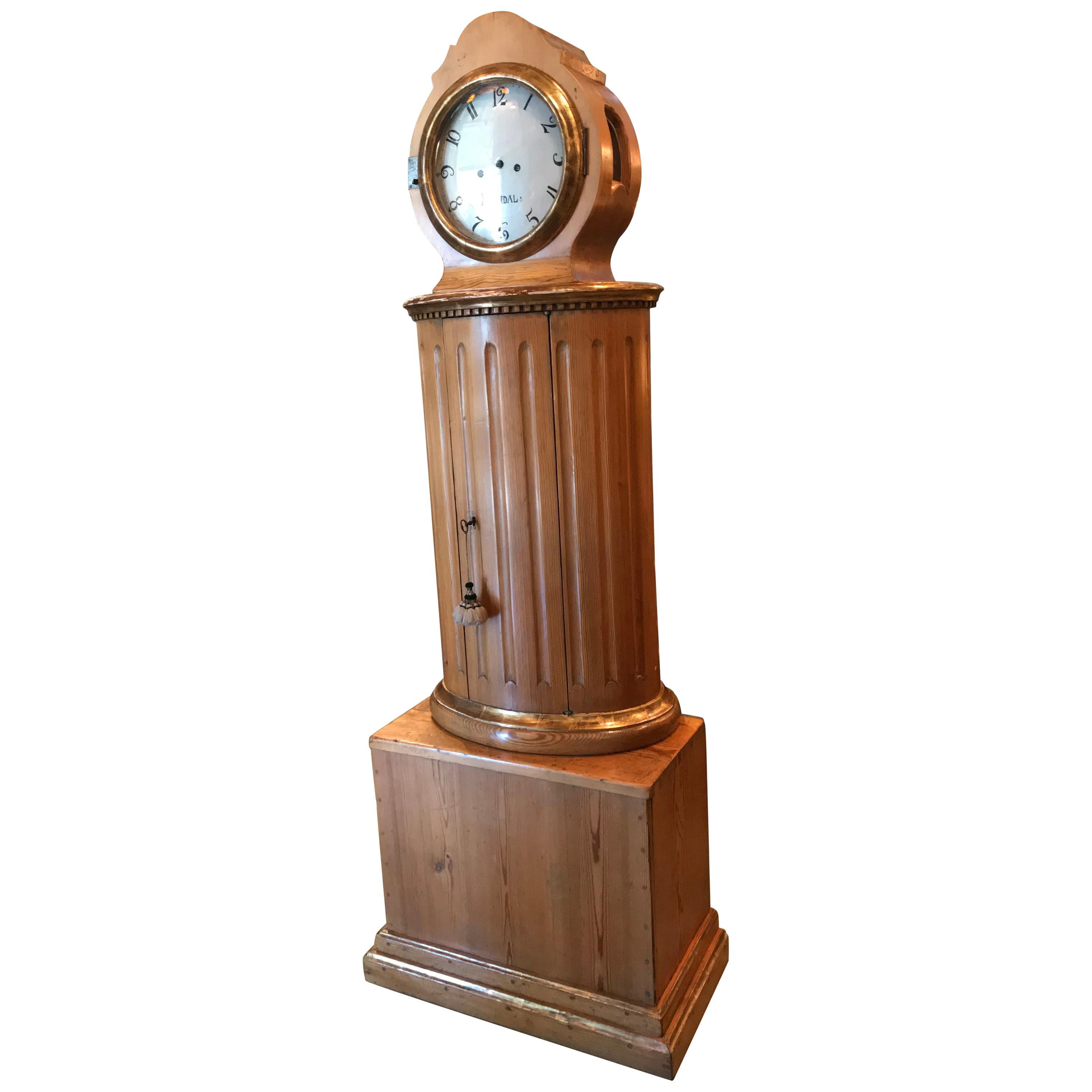 19th C. Swedish Carved Pine Wood Clock Grandmother Grandfather Long Case Antique For Sale
