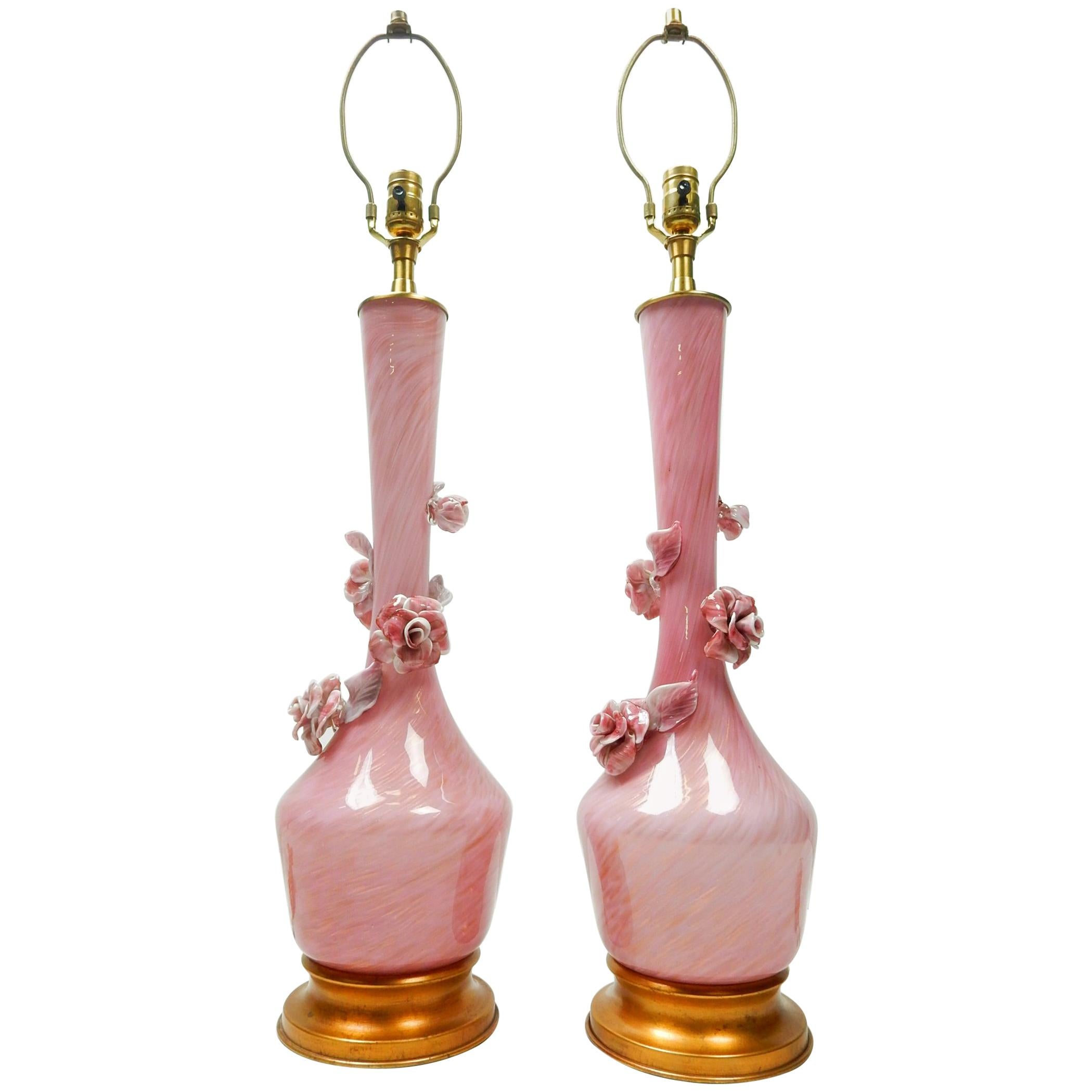 1950s Murano, Italy Pink and Gold Swirl Art Glass Lamps by Marbro