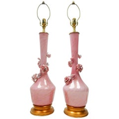 1950s Murano, Italy Pink and Gold Swirl Art Glass Lamps by Marbro