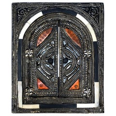 Handmade Moroccan Mosque Wall Mirror with Doors, Bone, Ebony, Brass Repousse