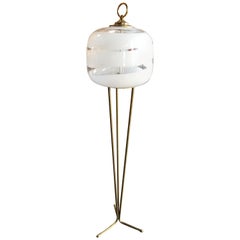 Tripod Floor Lamp with White Murano Glass Shade, Italy, 1960s