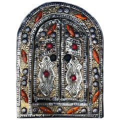 Handmade Moroccan Mosque Wall Mirror with Doors, Camel Bone, Coral, Silver Brass