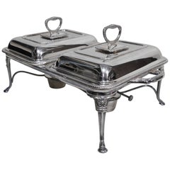 Nine-Piece English Silver Plate Double Entree Serving Dish Burners Trays Stand