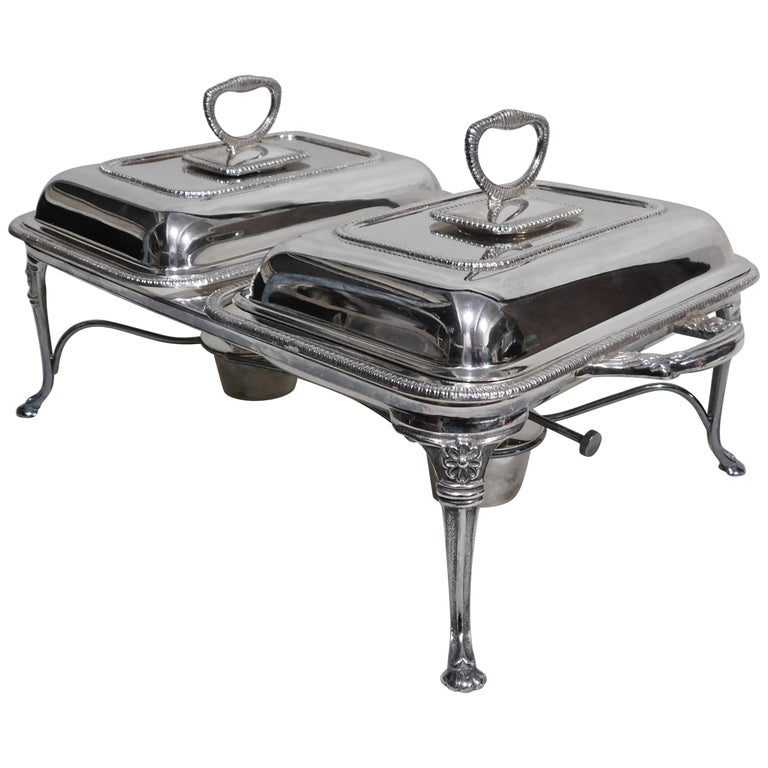 Nine-Piece English Silver Plate Double Entree Serving Dish Burners Trays  Stand at 1stDibs | serving tray with burner, trays with burners, silver  plate serving pieces