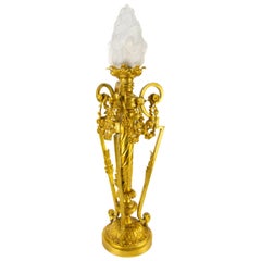 French Louis XVI Style Gilt Bronze Newel Post Lamp Frosted Glass Flame Shade