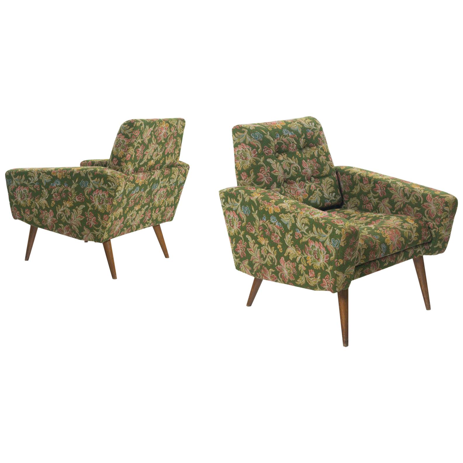 Set of Lounge Chairs in Green Floral Upholstery For Sale