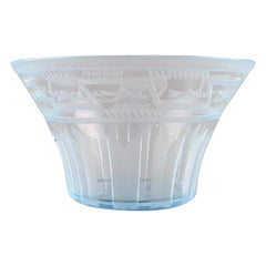 Simon Gate for Orrefors, Art Deco Bowl in Satin-Cut Light Blue Art Glass, 1929