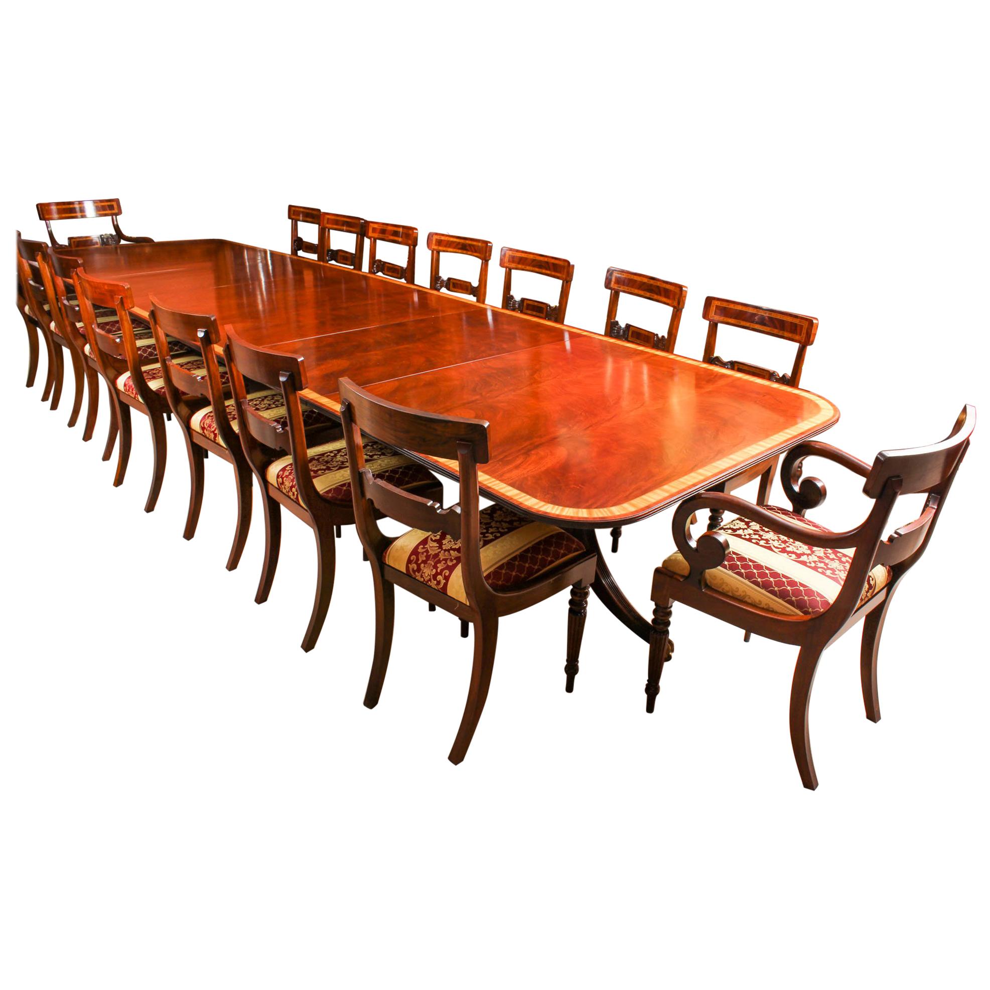 Vintage Arthur Brett Three Pillar Mahogany Dining Table and 14 Chairs
