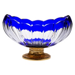 Blue Crystal Jardinière with Bronze Foot Covered 22-Carat Gold