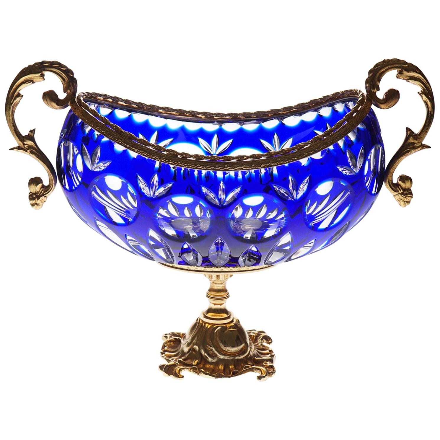 Blue Crystal Jardinière with Bronze Foot and Top Covered 22-Carat Gold For Sale