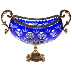 Blue Crystal Jardinière with Bronze Foot and Top Covered 22-Carat Gold