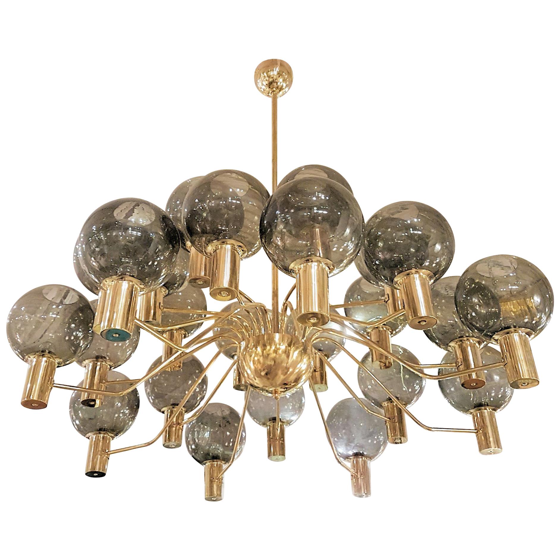 Huge Mid-Century Modern 24-Light Glass Globes/Brass Chandelier, Jakobsson Style