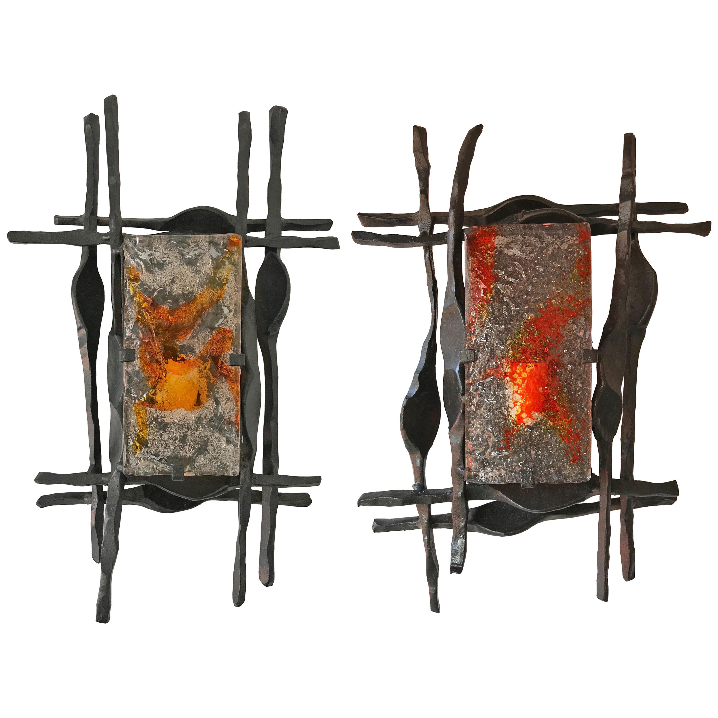 Pair of Brutalist Sconces Iron Murano Glass by Ahlstrom and Helrich, 1970s