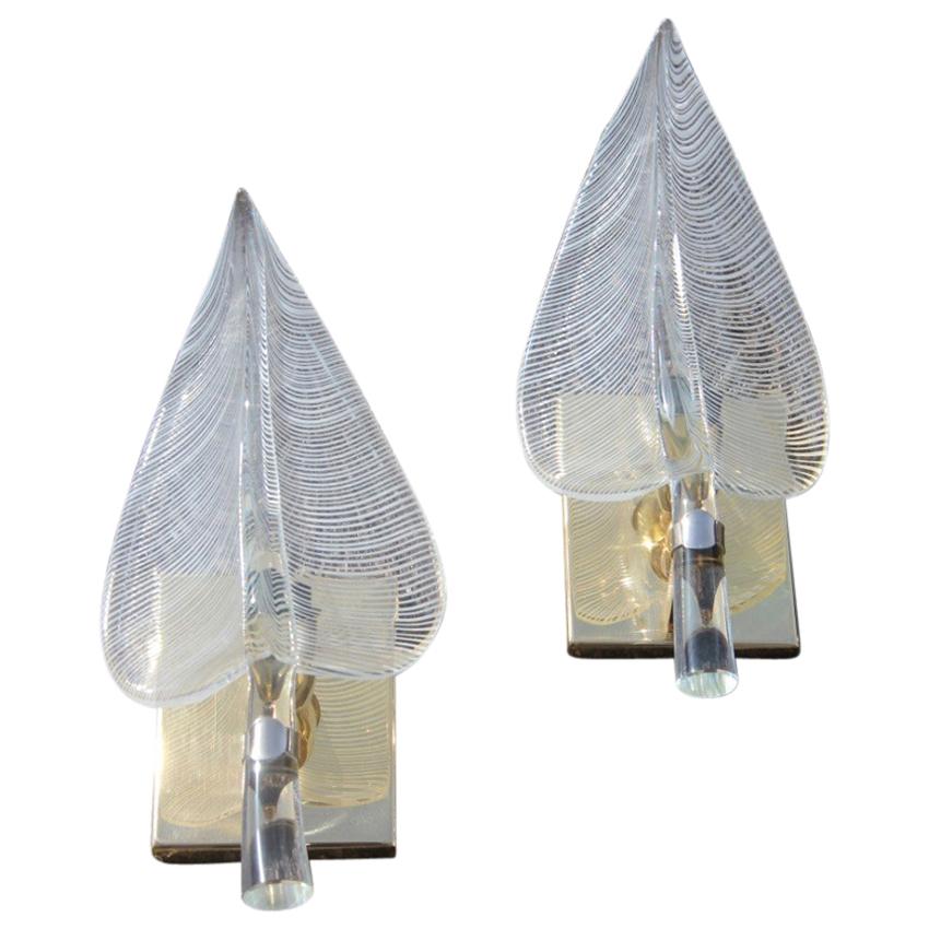 Pair of Wall Sconces Leaves Franco Luce Design, 1970s Murano Glass Brass Parts  For Sale