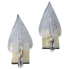 Pair of Wall Sconces Leaves Franco Luce Design, 1970s Murano Glass Brass Parts 
