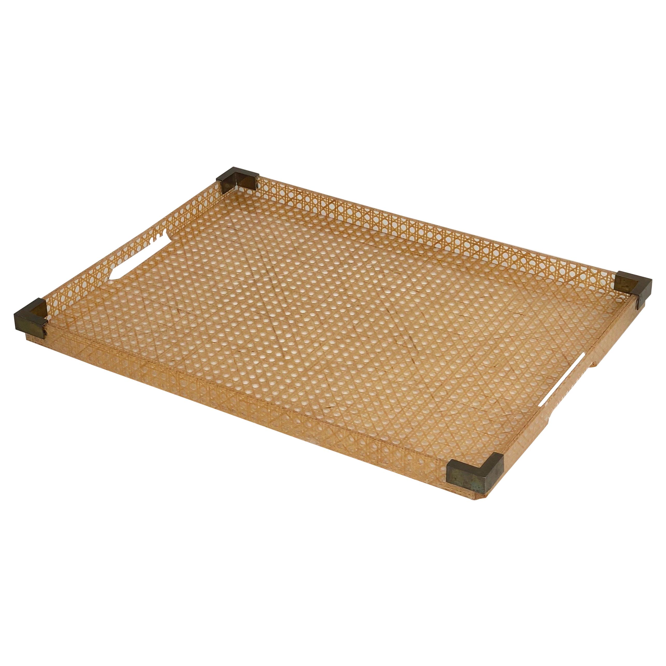 1970s Lucite, Brass and Rattan Serving Tray by Christian Dior Home Collection
