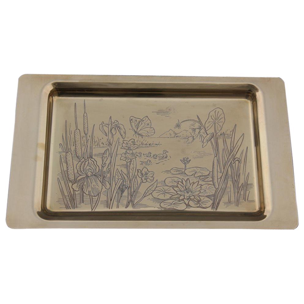 Solid Brass Tray with Engraved Decorations of Flowers Plants and Birds Italian For Sale