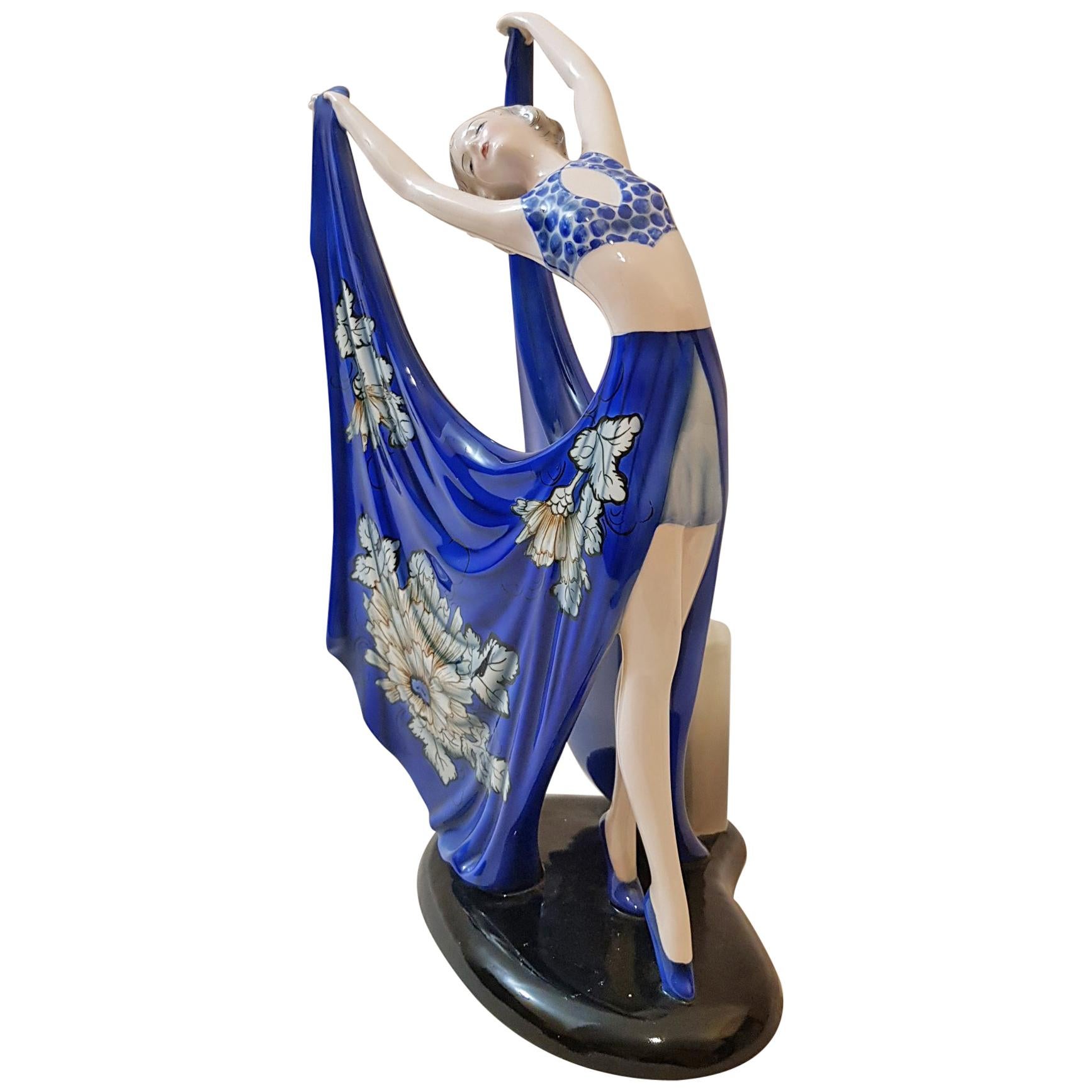 Goldscheider Dakon Stephan Germany Beauty Ceramic Blue Wing Dancer Lamp, 1935 For Sale