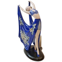 Goldscheider Dakon Stephan Germany Beauty Ceramic Blue Wing Dancer Lamp, 1935