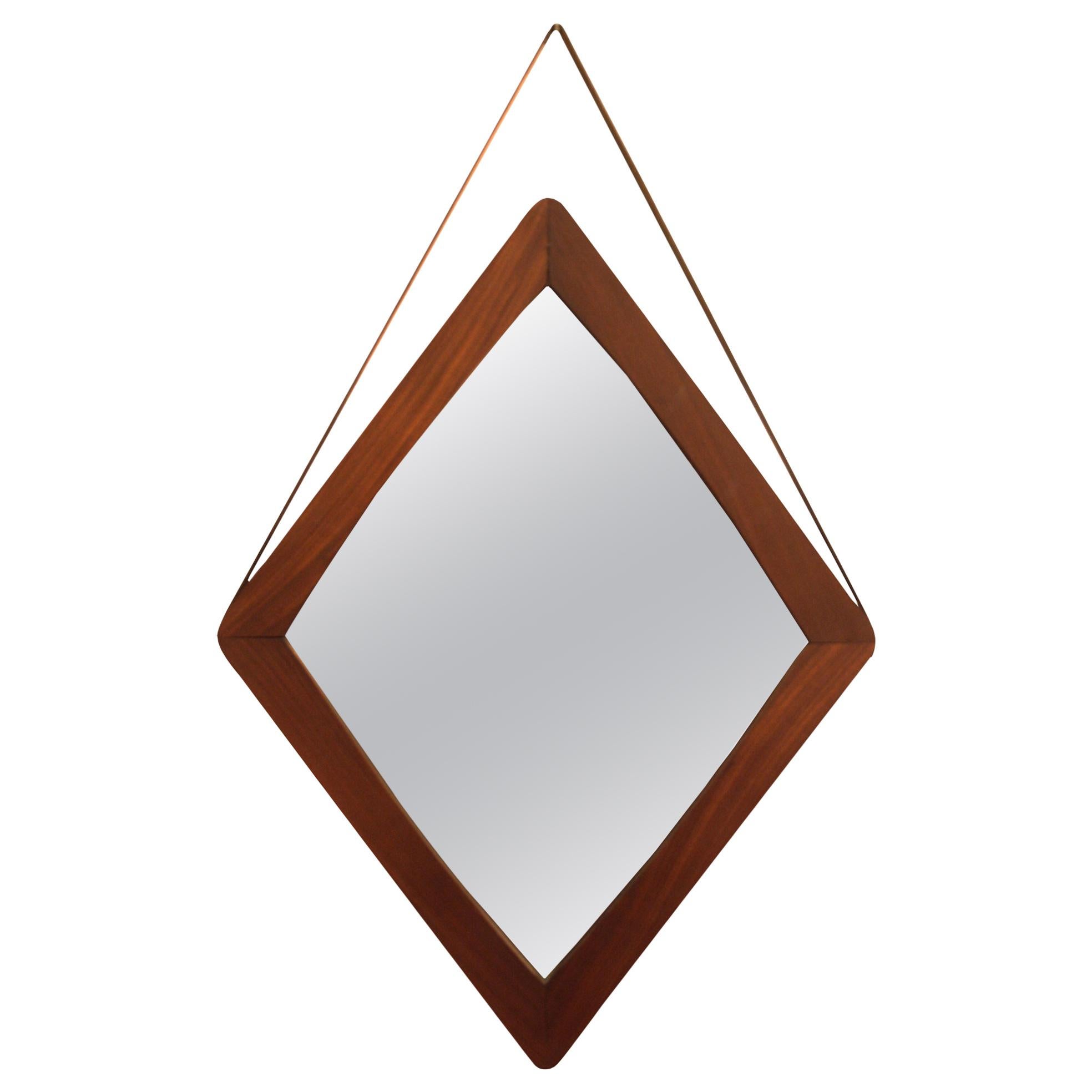 Midcentury Modern Rosewood Framed Leather Rhombus Italian Mirror, 1950