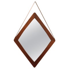 Midcentury Modern Rosewood Framed Leather Rhombus Italian Mirror, 1950