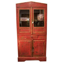 Red Polychrome Indonesian Cupboard with Doors and One Drawer and Keys