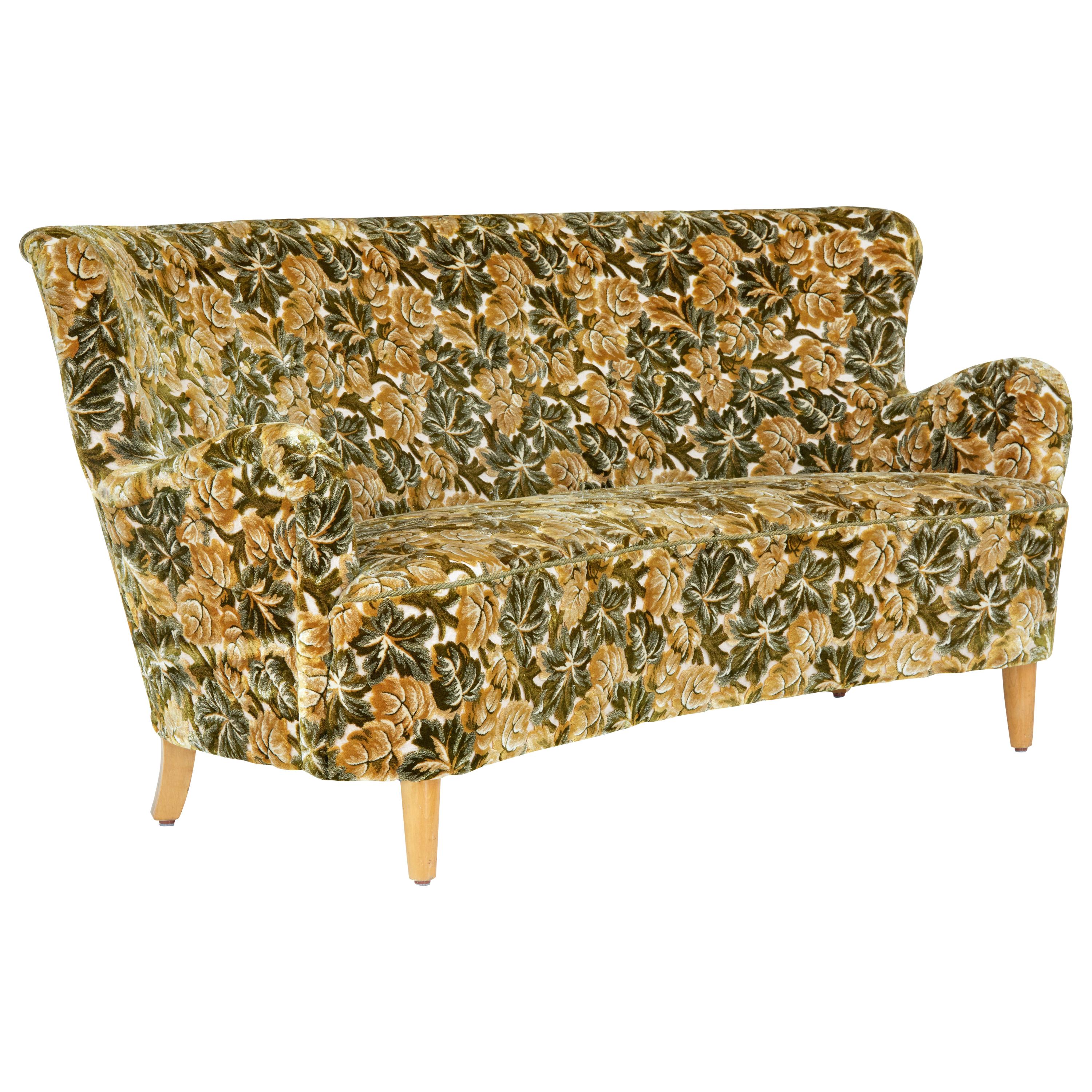 Mid-20th Century Concave Floral Upholstered Sofa