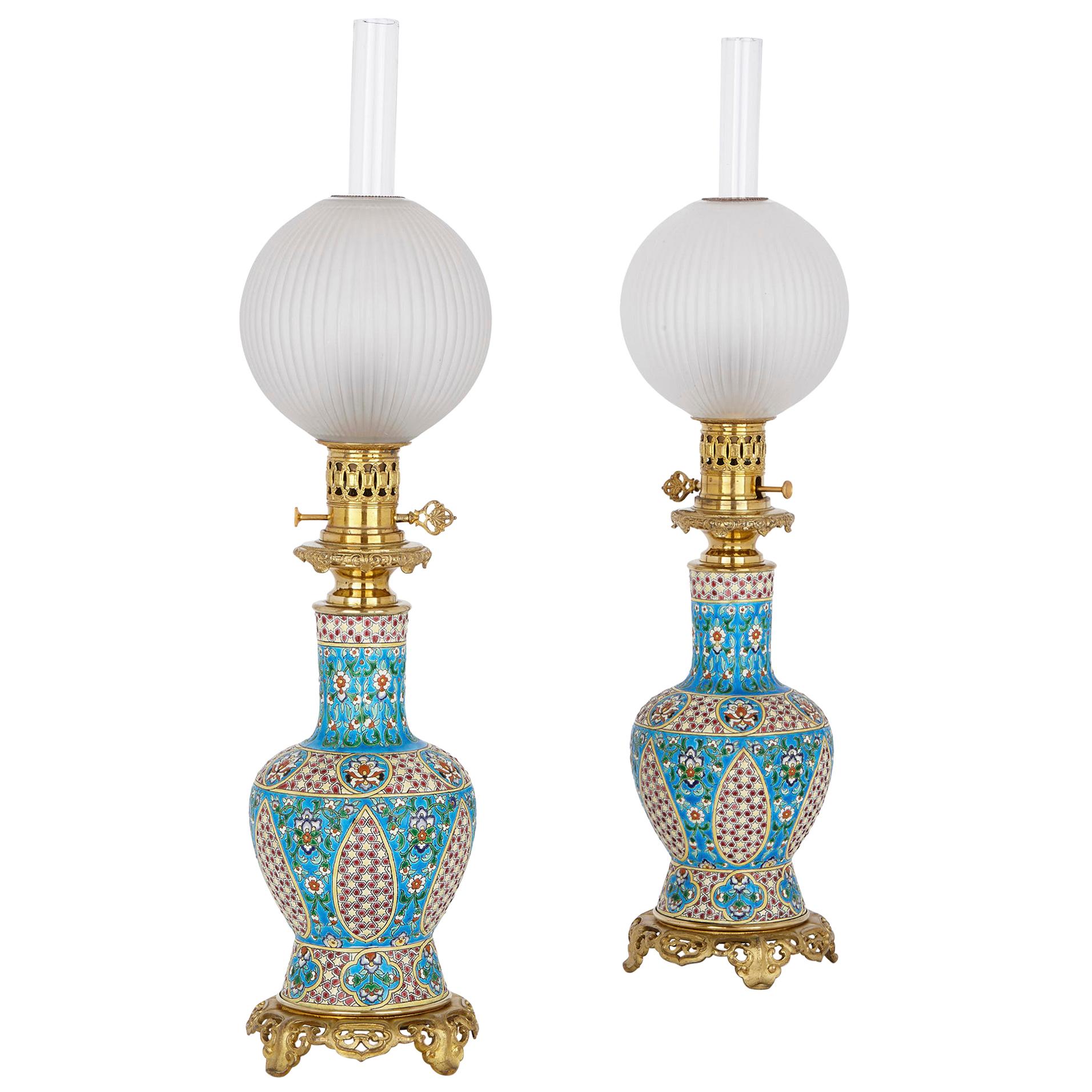 Two Bordeaux Faience and Gilt Bronze Oil Lamps, Attributed to Vieillard & Cie