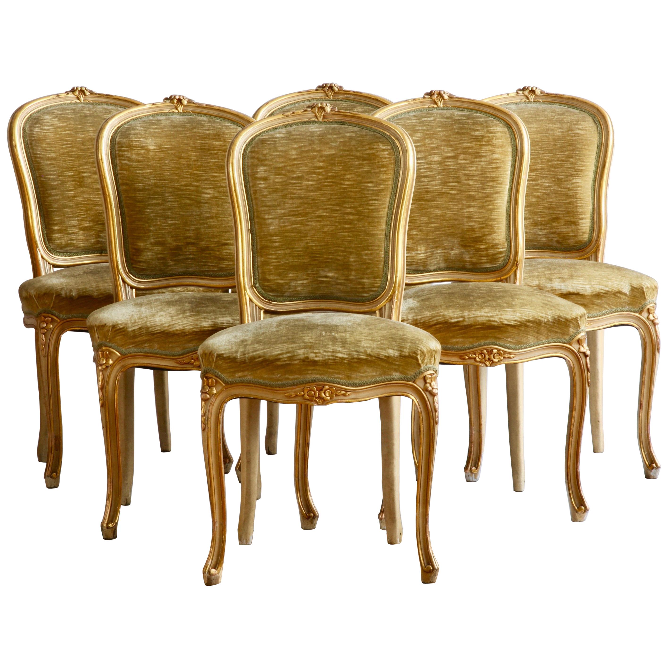 Set of 6 Matching Louis XV Style Chairs, with Gilded Highlights