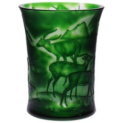 Dark Green Crystal Vase Design Nature Gazelle & Panther