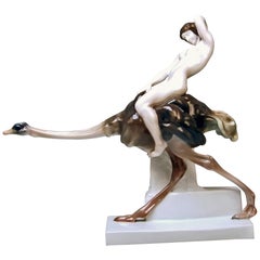 Antique Rosenthal Germany Lady Nude Riding on Ostrich Straussenritt by Liebermann, 1920