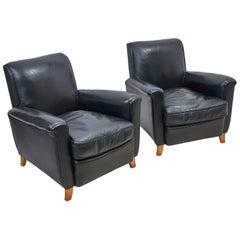Pair of Black Leather Armchairs, French, circa 1960