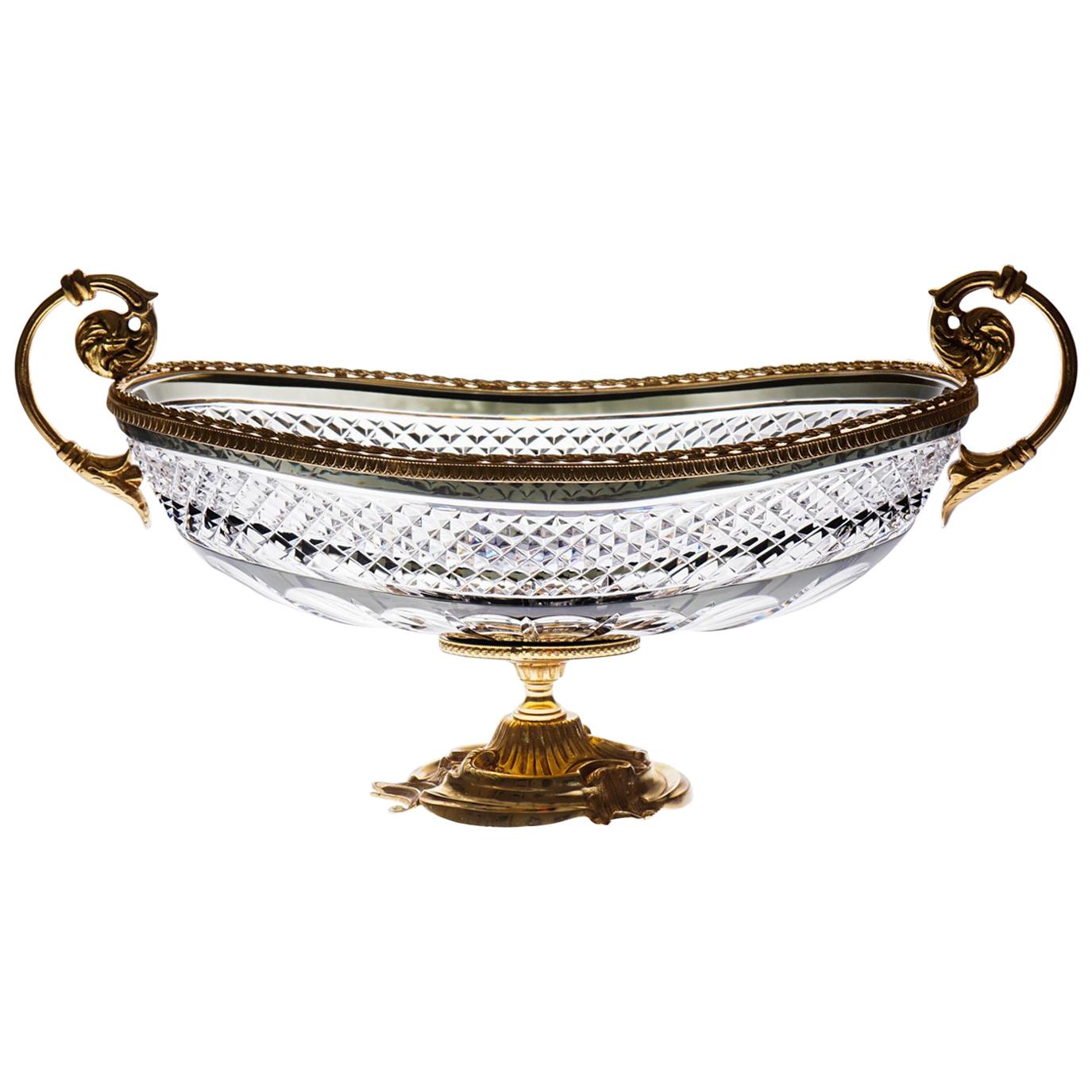 Clear Cristal Jardinière with Bronze Covered 22-Carat Gold, Oriental Style For Sale