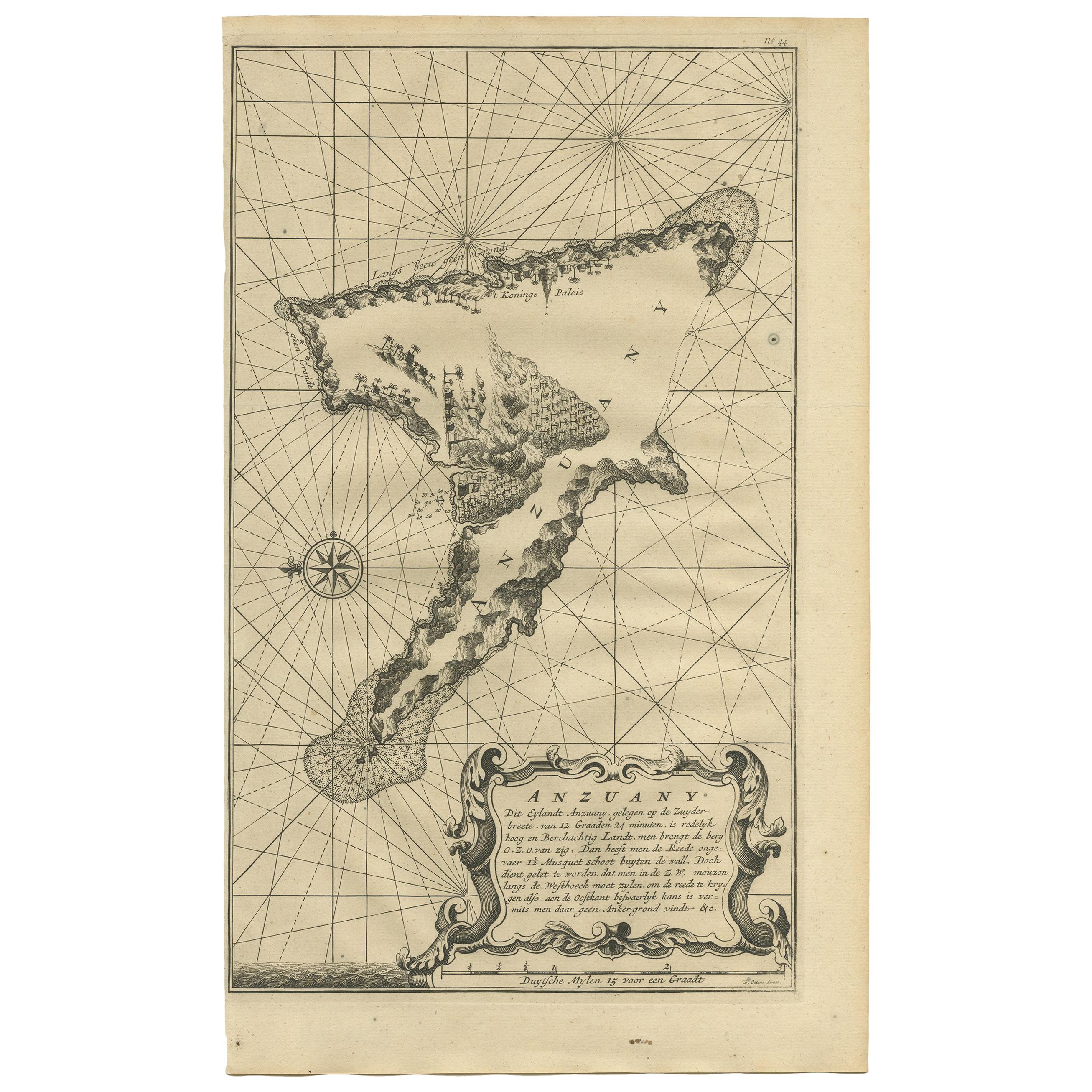 Antique Map of Anjouan Island by Valentijn, 1726 For Sale