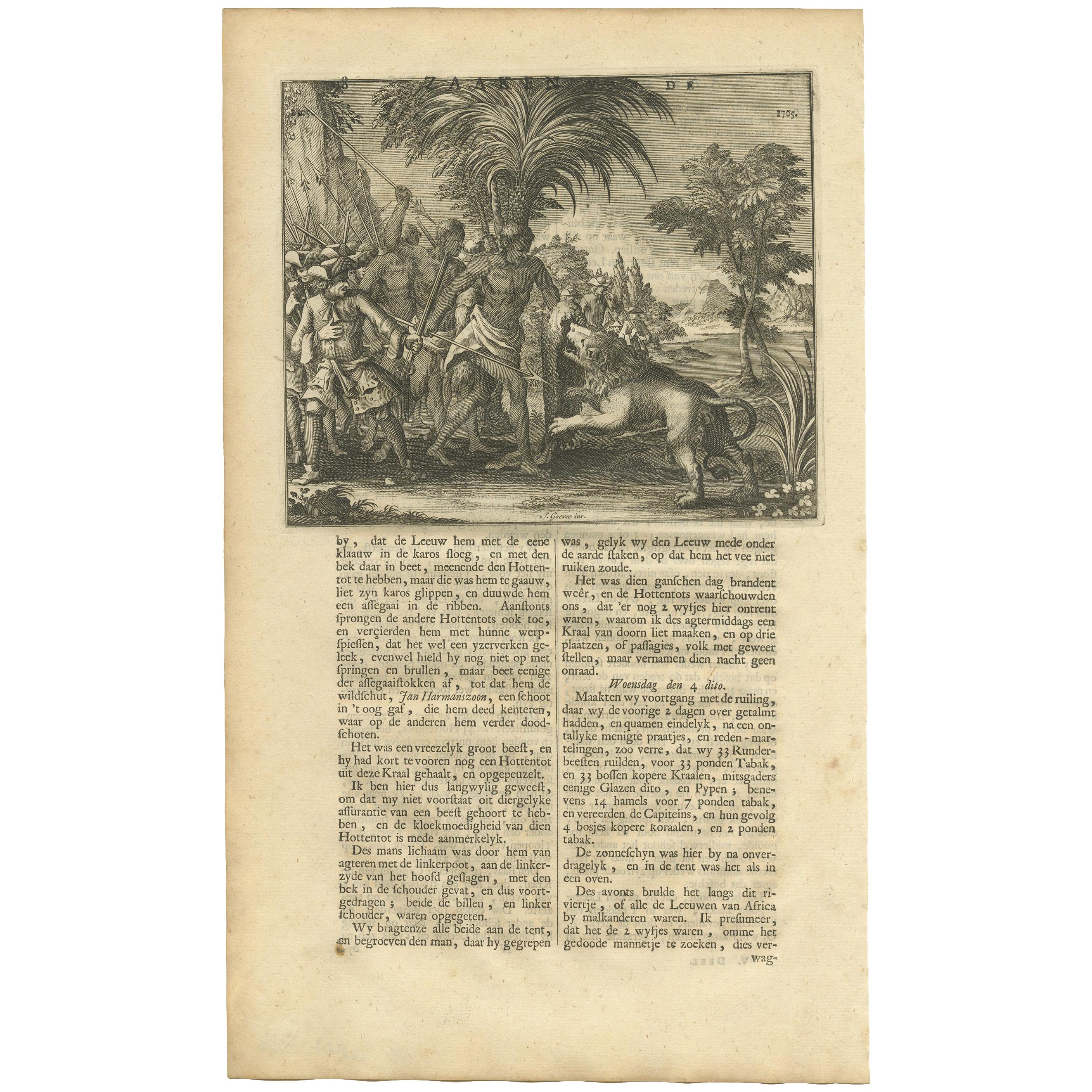 Antique Print of Lion Hunting by Valentijn, 1726 For Sale