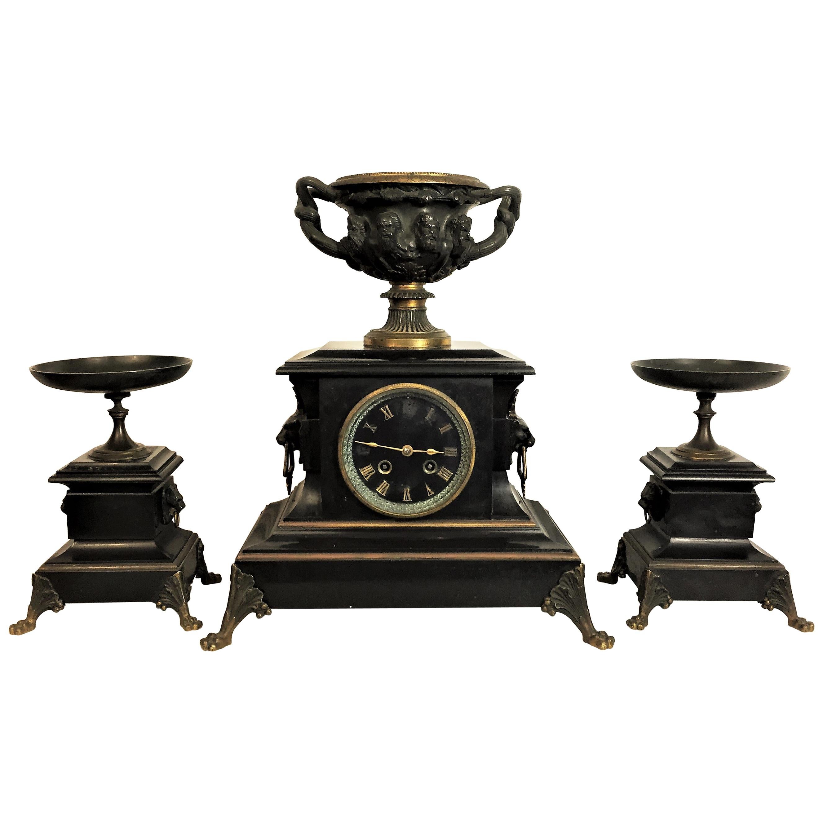 Napoleon III Fireplace Set with Bronze Greek Gods and Black Marble For Sale