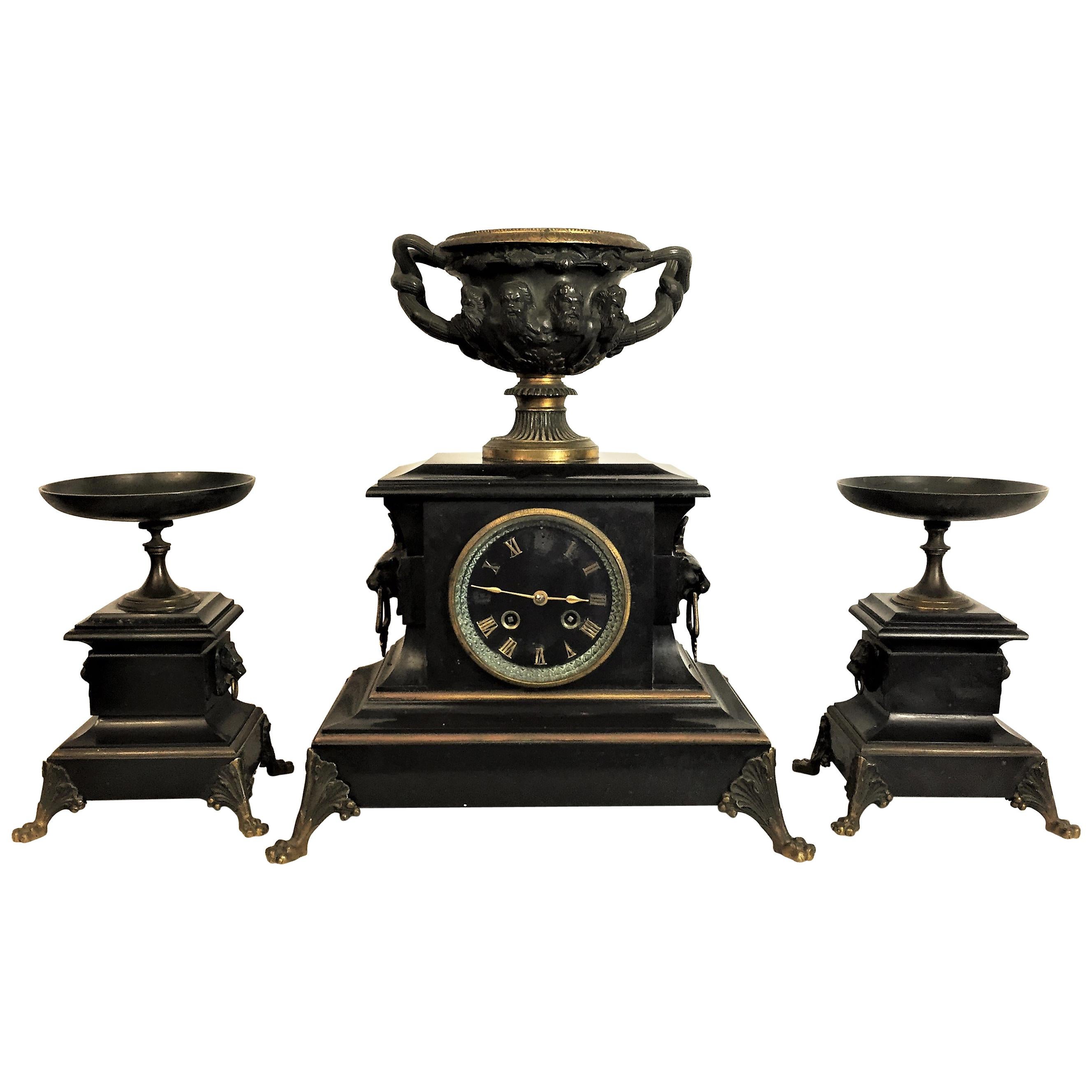 Napoleon III Fireplace Set with Bronze Greek Gods and Black Marble